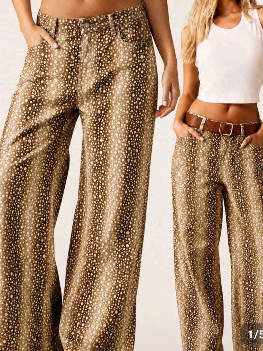 🦌 Deer Print Wide Leg Jeans – Brown/Cream – Size Large